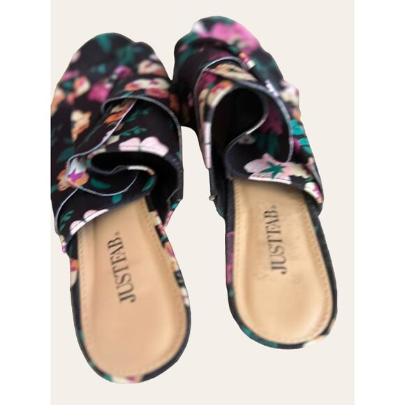 Just Fab Minna Black Floral Ruffle Slip On Block Heel Mule Sandals Size 9.5 - Picture 4 of 6